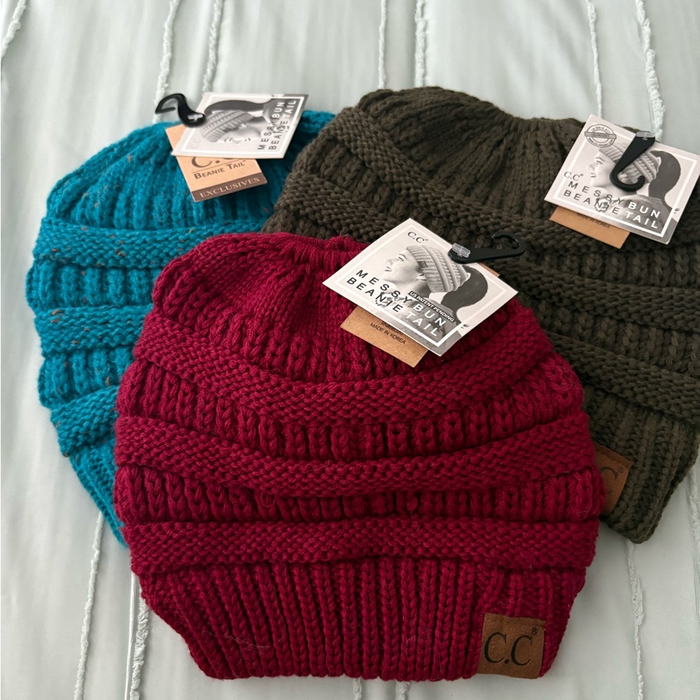 C.C Messy Bun Knit Beanie Trio - Burgundy, Teal, Olive